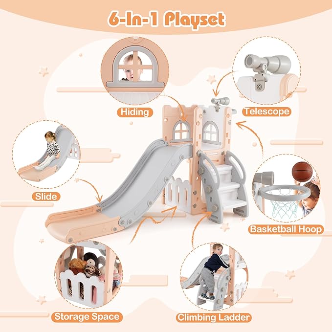 BABY JOY Toddler Slide, 6-in-1 Indoor Kids Slide Playset with Basketball Hoop, Telescope, Climbing Ladder & Storage Space, Freestanding Playhouse & Climber for Kids Aged 1-3 (Pink)