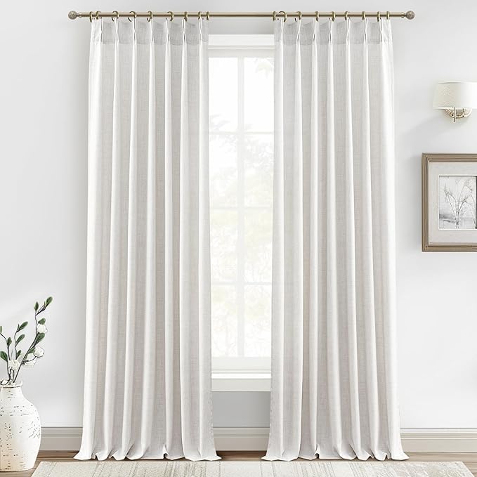 Linen Sheer Curtains 108 Inches Long 2 Panels, Natural Beige White Floor to Ceiling Double Pinch Pleated&Back Tab Boho Light Filtering Semi 9FT for Large Window Office/Living Room/Bedroom Aesthetic