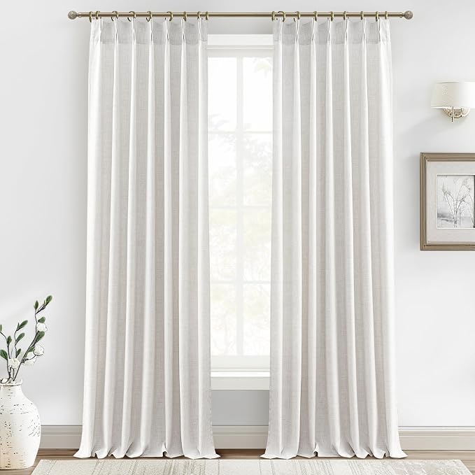 PleatedDrapes Extra Long 120 Inch Curtains,Thick Linen Lush Decor Sheer Pleated Drapes 2 Pages Viral Curtain with Hooks 10 ft Floor Length Back Tab for Living Room Light Filtering W40 xL120 x2 Panels