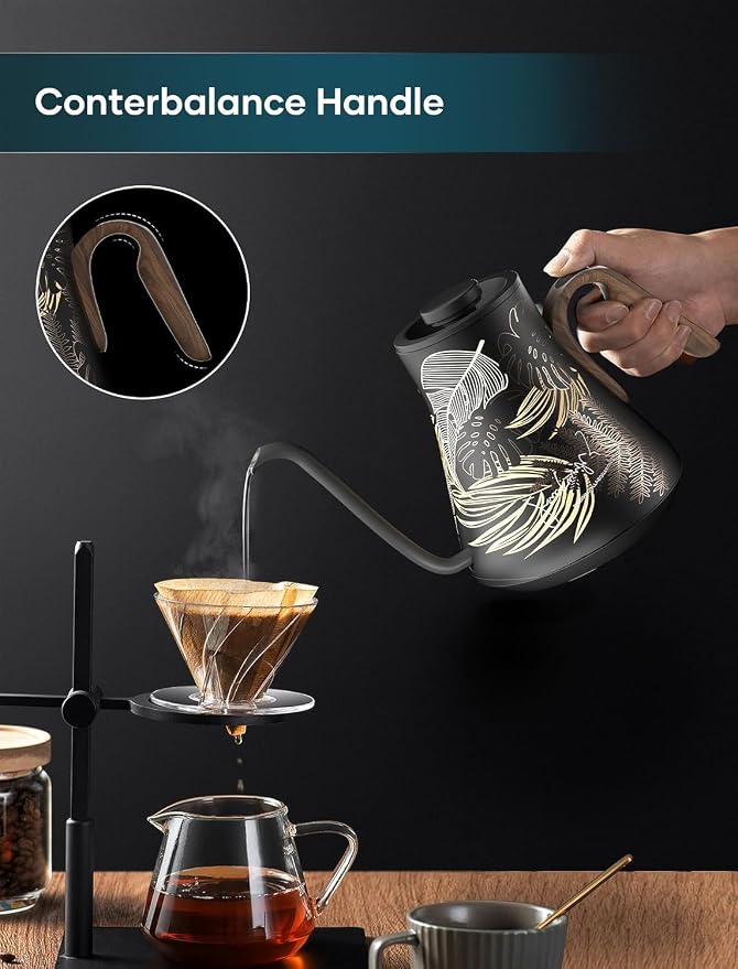 INTASTING Gooseneck Electric Kettle with ±1℉ Temperature Control for Pour Over Coffee & Tea, Quick Heating, BPA-Free Stainless Steel, Built-in Brew Timer, 1500W/0.9L (Rainforest)