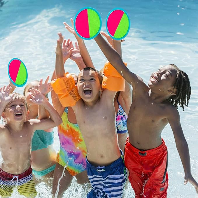 Toss and Catch Ball Set, Outdoor Games, Beach Games for Kids, Toss Ball and Catch Game Set for Kids/Family (6 Paddles, 3 Balls and 1 Storage Bag) (Pink-Green)