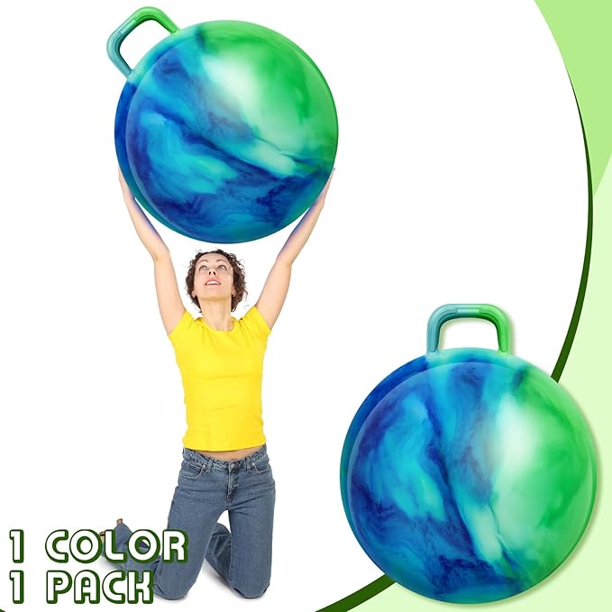 Lewtemi Hopper Ball for Adults, 31Inch Bouncing Ball Hippity with Handle Rubber Hop, Jumping Hopping Exercise with Air Pump for Outdoors Sports Exercise (Blue Green Cloud)