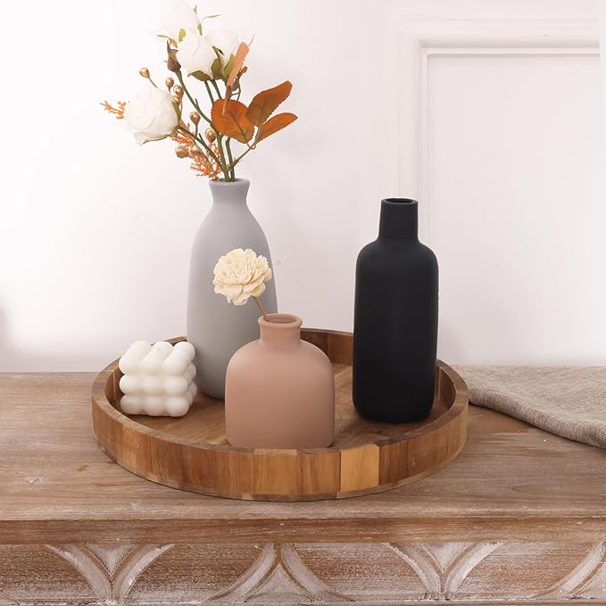CUCUMI Ceramic Vase Set of 5, Home Decor Farmhouse Décor Handmade | Pottery Vases for Pampas Grass, Dried Fresh Flowers, Table, Living Room, Kitchen, Shelf, Entryway Mantel Neutral Tones