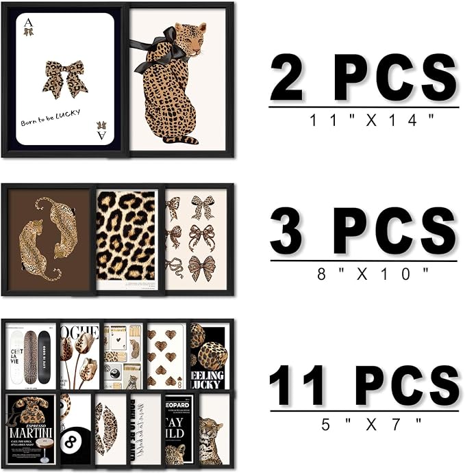 ANERZA 16 PCS Framed Leopard Wall Art Decor, Cheetah Wall Prints for Bedroom, Preppy Gallery Wall Frame Set, Trendy Posters for Living Room Aesthetic, Funky Collage Kit, Dorm Artwork