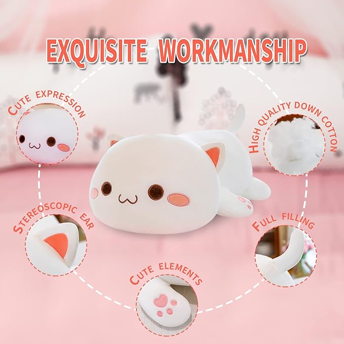FUYU Cat Stuffed Animals, Soft Cat Plush Pillow Kawaii Kitten Stuffed Animal Toy Gifts for Kids Boys Girls Room Decor (White Round Eyes,35in/87)