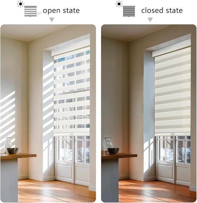 AOSKY Cordless Zebra Blinds for Windows Pull Down Roller Window Shades Dual Layer Light Filtering Privacy for Day and Night, Free-Stop Door Shades for Home Easy to Install (31.5" W X 72" H，White)