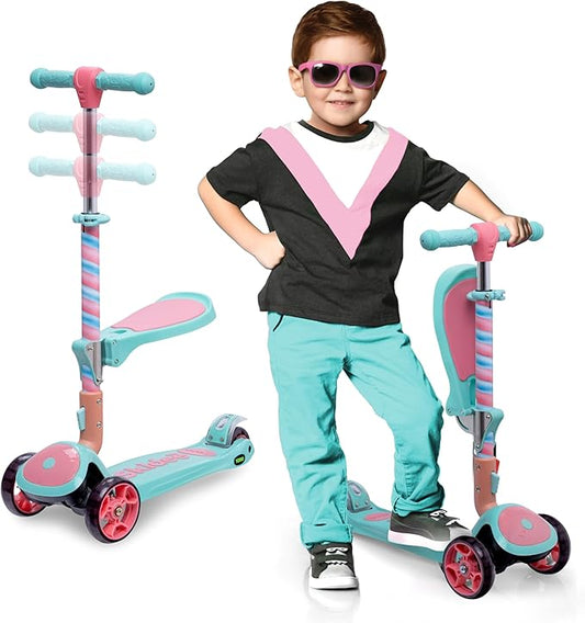 SKIDEE Kick Scooter for Kids Foldable 3 Wheel Scooter with Lean-to-Steer, Adjustable Height, Removable Seat & LED Light Wheels | Toddler Scooter Up to 12 Year Old Boys/Girls