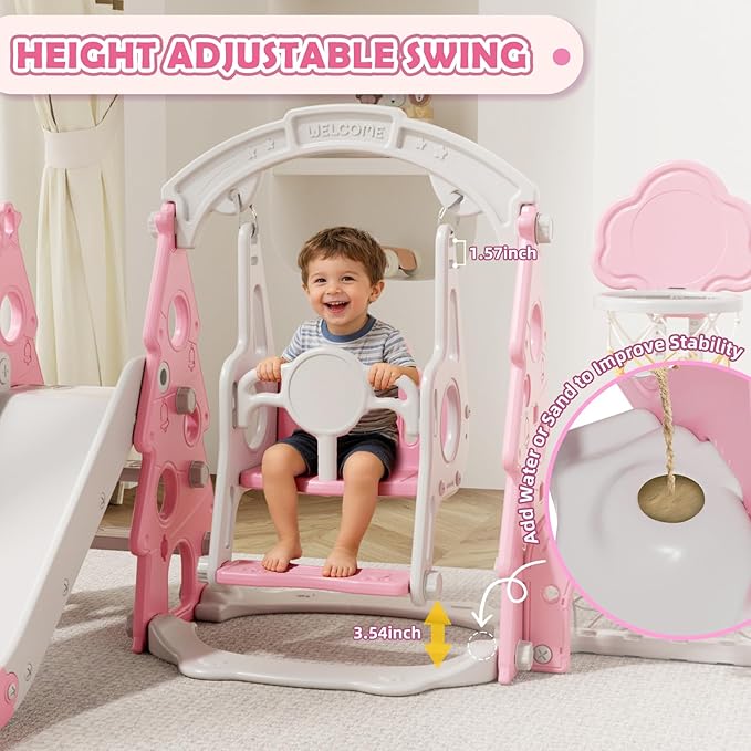 KORIMEFA 6-in-1 Kids Slide and Swing Set, Toddler Slide with Basketball Hoop, Swing, Outdoor Indoor Playground for Toddlers 1-3 Pine Shape Design(6 in1-Pink)