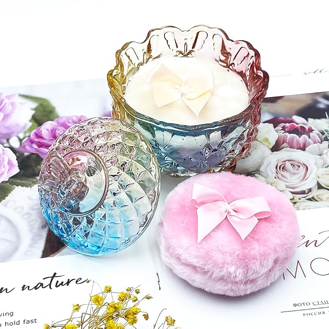 Luxury 4 Inch Glass Powder Container with 2 Soft 3.5" Puffs for Body Powder Makeup and Jewelry Storage (Butterfly-Colorful)