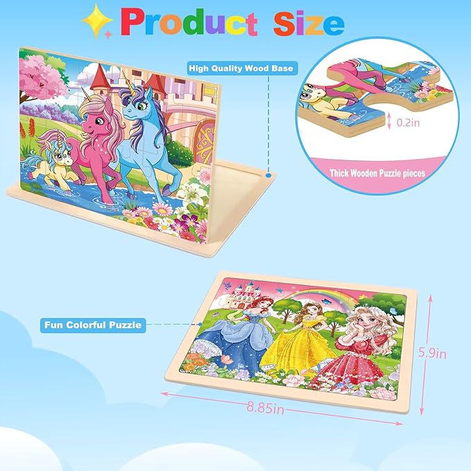 Wooden Puzzles for Kids Ages 4-6, 4 Packs 24 PCs Unicorn Mermaid Princess Jigsaw Puzzles, Preschool Educational Puzzles Toys Gifts for Girls 3 4 5 6 Years Old.