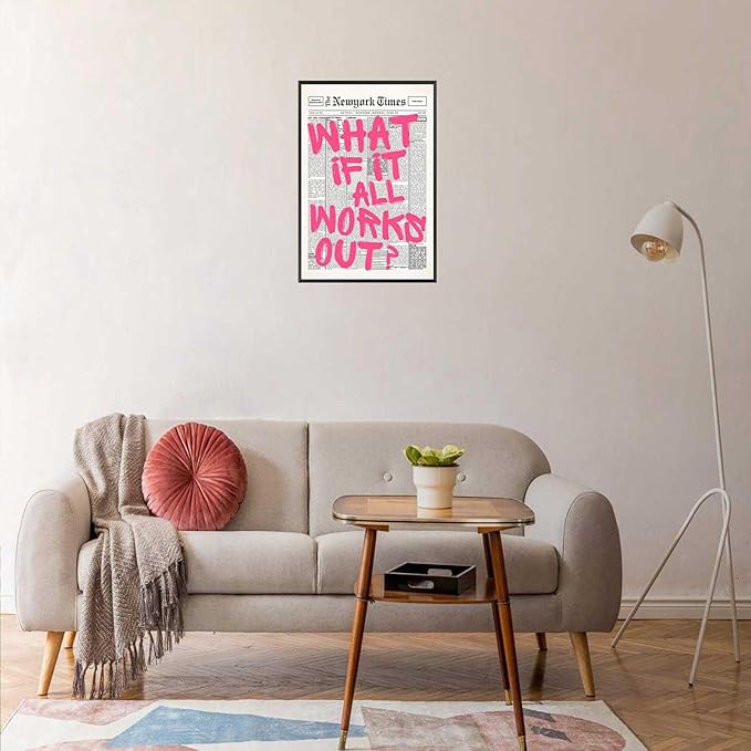 Drimiler Retro Newspaper Pink Font Poster What If It All Works Out Canvas Wall Art Positive Affirming Quote Minimalist Prints Painting For Home Bedroom Dorm Wall Decor 24x36in Framed