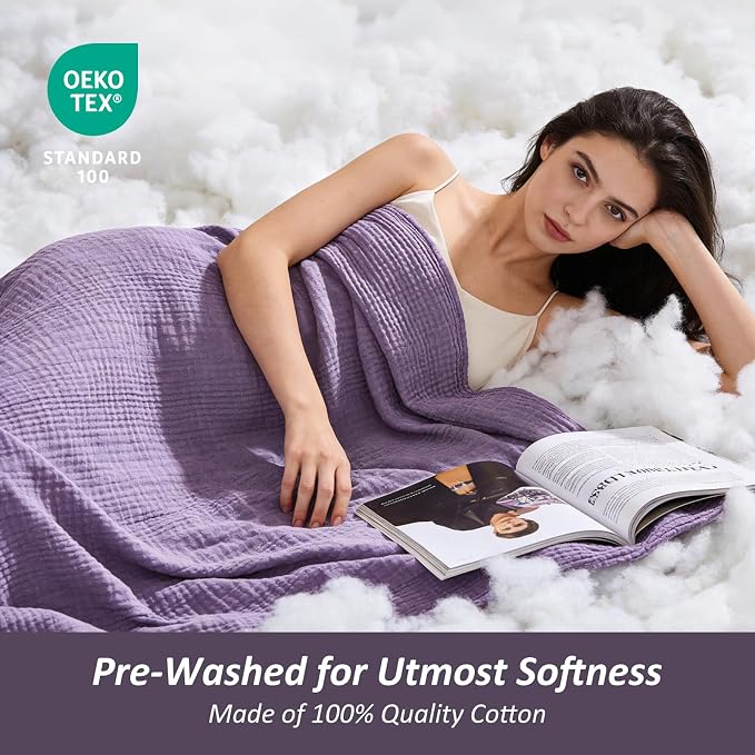 EMME Cotton Muslin Queen Blanket Bed Layering Bedspread Coverlet Breathable Gauze Soft Lightweight Adults (Heather Purple, 90"x90")