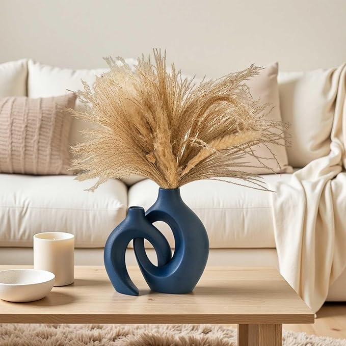 Lvases Snuggle Hollow Ceramic Flower Vase of 2, Minimalist Nordic Boho Vase | 8.4" Matte Navy Blue Home Decor Vase for Modern Aesthetic Ins Style Living Room Coffee Table Centerpieces Pampas Grass Dec