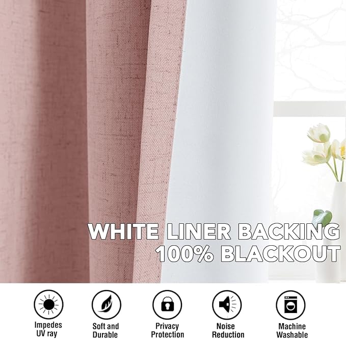 H.VERSAILTEX Linen Curtains 100% Blackout Curtains for Bedroom 120 inch Long Full Light Blocking Nature Linen Blended Window Curtains for Living Room Nickel Grommet (2 Panels, Heathered Baby Pink)