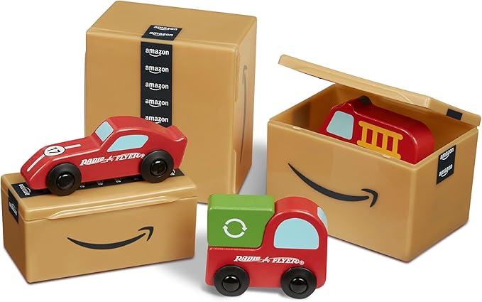 Radio Flyer Amazon Delivery Van, For Ages 2+, Ride and Deliver Truck for Kids, Under Seat Storage, Stationary Handle, Ergonomic Seat, Includes 3 Mini Amazon Boxes & 3 Wooden Toys, Toddler Ride On Toys