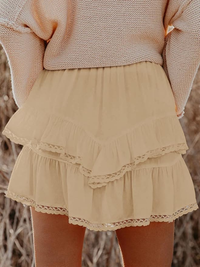 Flowy Shorts for Women Casual Boho Ruffle Tiered Skorts High Waist Mini Skirts Golf Tennis Crochet Shorts