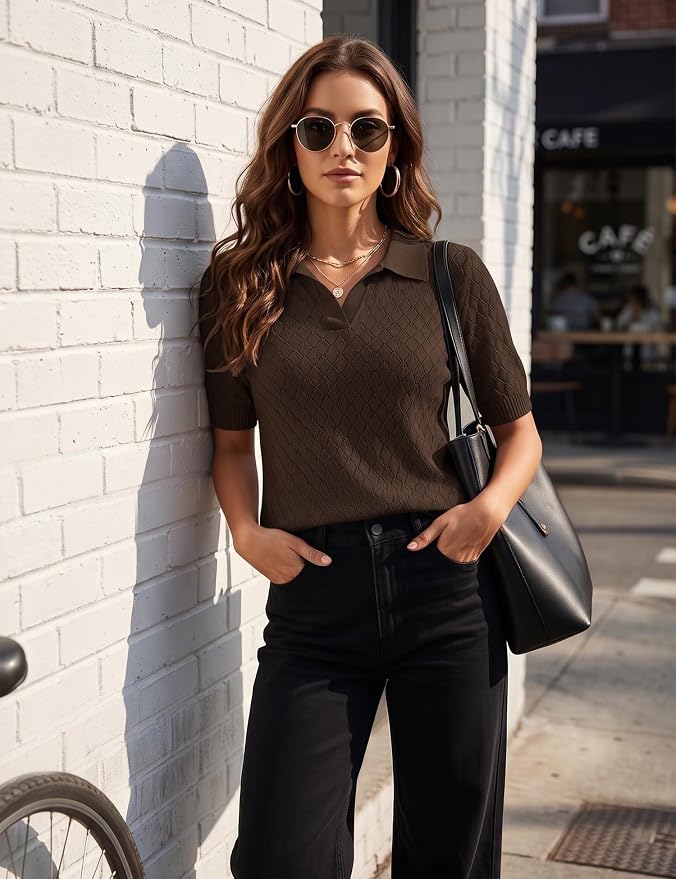 Rapbin Womens Short Sleeve Knit Polo Shirts Summer Spring Sweater Tops | Classic V Neck Collared Shirts Lightweight Business Casual Basic Fashion Pullover Polo Sweater for Work Formal Daily Wear