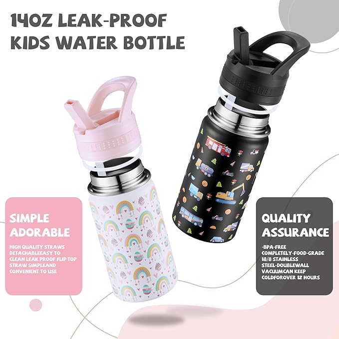 2 Pack Kids Water Bottle,14oz Stainless Steel Insulated Water Tumbler Leak-Proof,School Water Mug,Small and Portable,Suitable for Boys and Girls to Use(Black car + White rainbow)