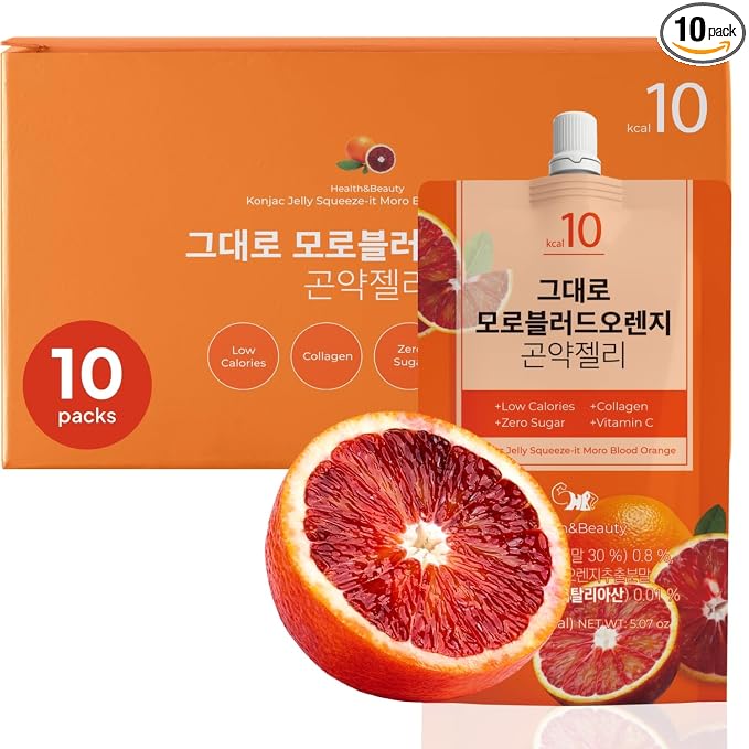 Korean Food Konjac Jelly, Blood Orange, Zero Sugar, Fish Collagen, 10 Pack | Chewy konjac jelly with blood orange flavor in convenient single-serve pouches