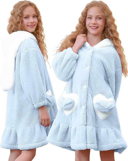 Girls Bathrobes Coral Fleece Button Down Hooded Robes Cute Rabbit Ears Bath Robe Fuzzy Warm Soft Sleepwear