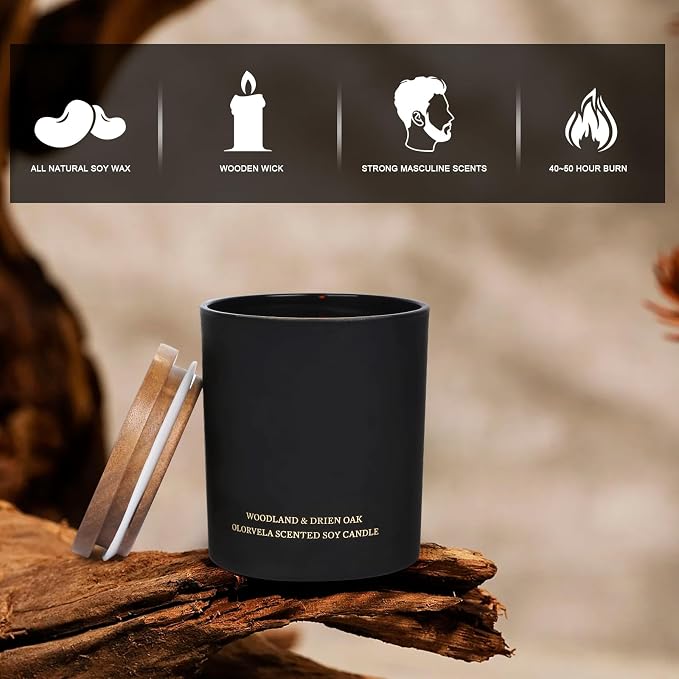Scented Candles for Men, 8oz Candle for Home Scented, 50-Hour Burn Time Long-Lasting Aroma, Aromatherapy Home Decor Gifts for Men (Woodland & Dried Oak, Wood Wicked)