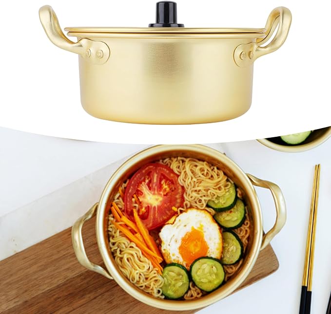 Ramen Pot Kimchi Container Noodle Pot Double Handle Yellow Aluminum Stock Pot Ramen Pot Korean (16cm)