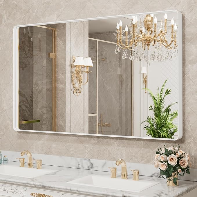 LOAAO White Metal Framed Bathroom Mirror, 50x30 Inch | Rounded Rectangle, Anti-Rust, Tempered Glass, Hangs Horizontally or Vertically