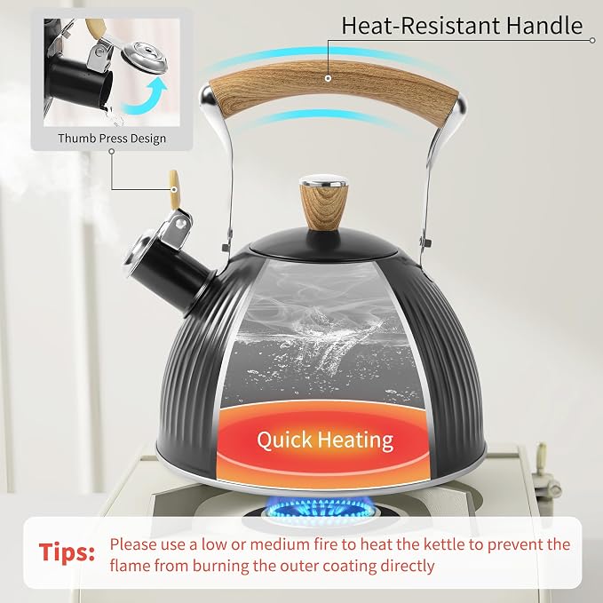 LONFFERY Tea Kettle for Stove Top, 2.5 Quart Whistling Tea Kettle, Stainless Steel and Wood Pattern Folding Handle, Black