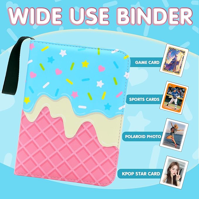 Cute Ice Cream Cake Card Binder for Girls, 400 Pocket Card Album Gifts, Ice Cream Donut Trading Game Card Holder Album for Standard Size Cards, Collectible Game Collection Case (Blue)