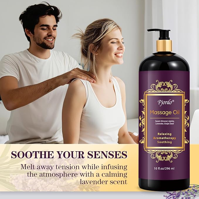 Pjordo Massage Oil for Massage Therapy, Lavender Massage Oils for Relaxation, Sore Muscle Arnica Oil with Massage Roller Ball, Calming, Moisturizing, Soothes Muscles, Spa Gift Set for Him Her