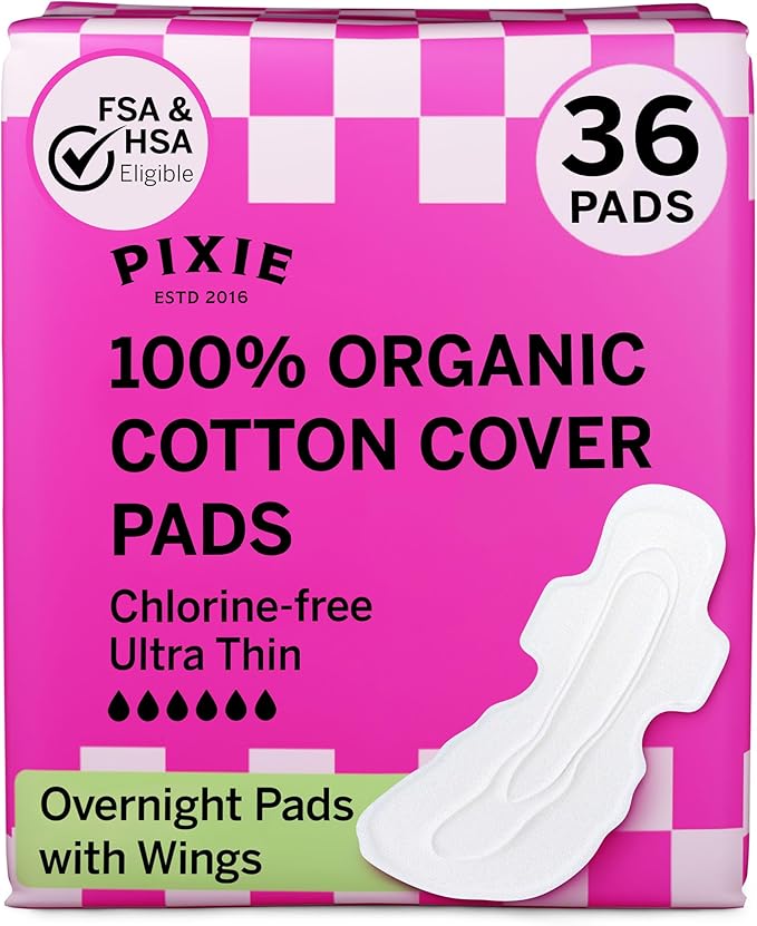 Pixie Organic Pads Cotton Ultra Thin Overnight for Women - Extra Heavy Absorbency with Wings - Leak-Proof, Hypoallergenic & Unscented - Compostable, Biodegradable - FSA Eligible - 36 Count