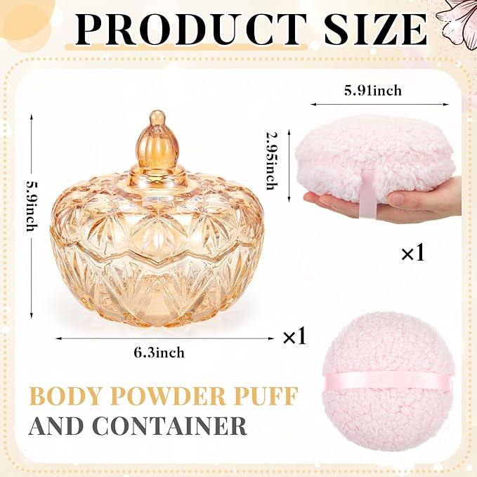 Tioncy 2 Pcs Extra Large Dusting Powder Puff and Container for Women-6'' Glass Crystal Dusting Powder Container with Body Soft Washable Reusable Velour Face (Amber,Pumpkin)