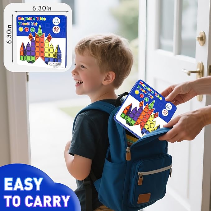 Travel Mini Magnetic Tiles 60 PCS, STEM Yoys Magnetic Building Toys for Kids Ages 4-8 with Iron Case, Blocks Building Preschool Learning Sensory Montessori Toys for 3+ Year Old Boys and Girls