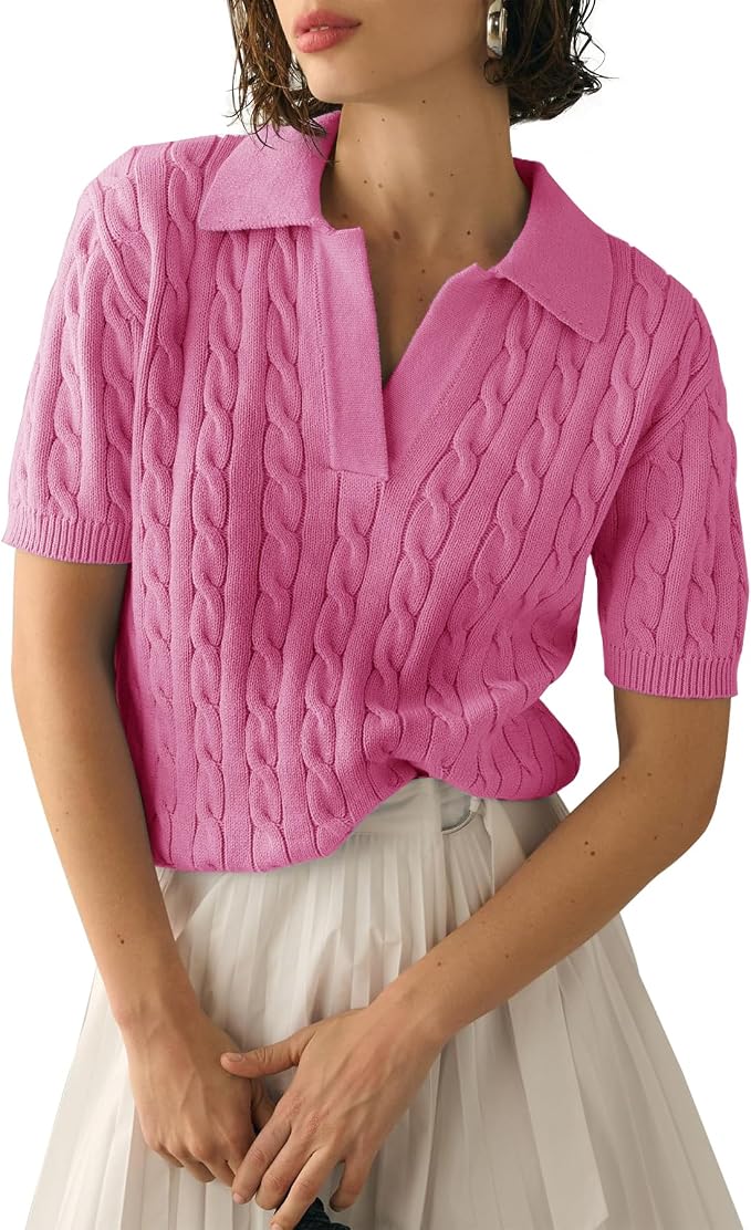 Imily Bela Womens Cable Short Sleeve Sweaters Tops Lapel V Neck Knit Shirt | Solid,Knit Casual,Soft Pullover,Fall Sweaters,Womens Summer Work Tops