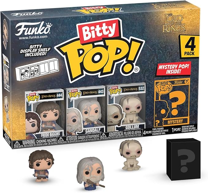Funko Bitty POP! Lord of The Rings - Frodo, 4-Pack and A Surprise Mystery Mini Figure - 0.9 Inch (2.2 Cm) - Lord of The Rings Collectable - Stackable Display Shelf Included - Gift Idea