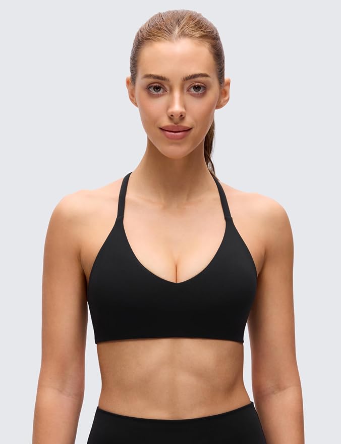 CRZ YOGA Butterluxe Low Coverage V Neck Sports Bras for Women - Spaghetti Straps Racerback Padded Yoga Top