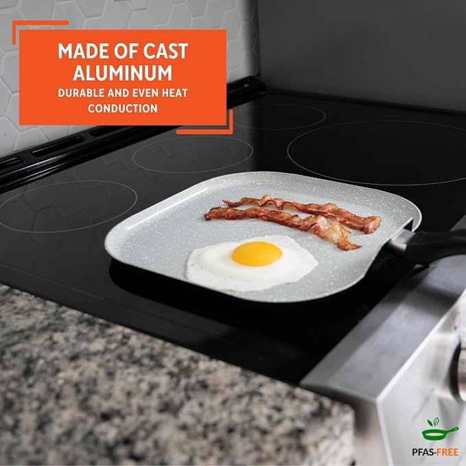 IMUSA 10.5 Inch Premier Cera Aluminum Speckled Gray Ceramic Square Grill | Ideal for Pan Frying and Sautéing