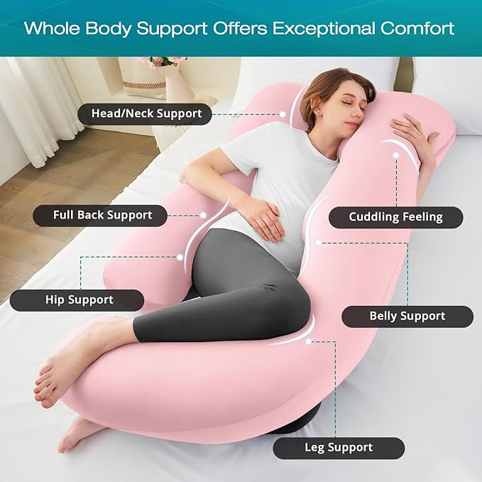 Sasttie Pregnancy Pillows for Sleeping, U Shaped Cooling Full Body Pillow with Removable Cover, Pregnant Women Must Haves, Maternity Essential, Light Pink