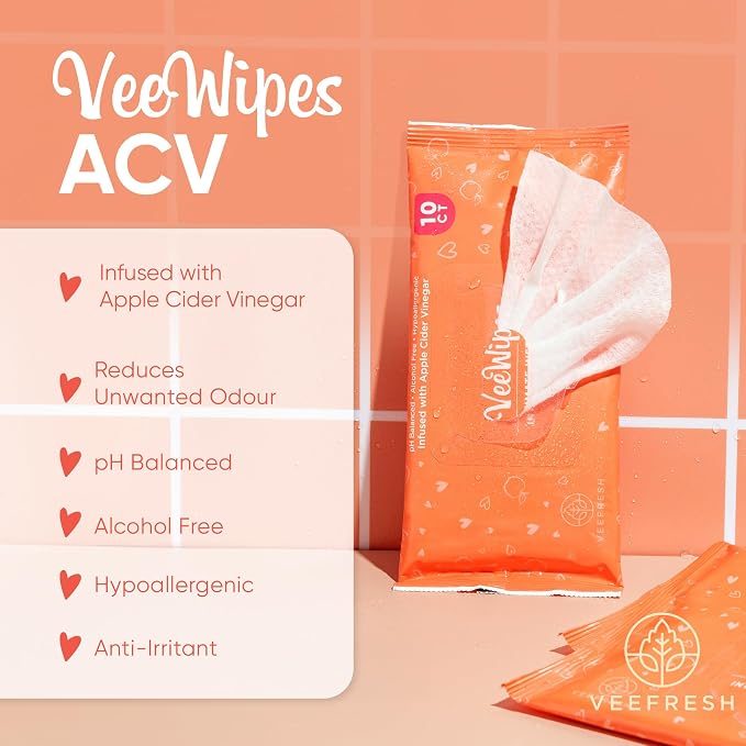 VeeFresh VeeWipes ACV (10pcs) - Apple Cider Vinegar Infused Wipes for Sensitive Vees- pH Balanced, Alcohol Free & Hypoallergenic Feminine Wipes for Women - Female Wipes for Maximum Hygiene