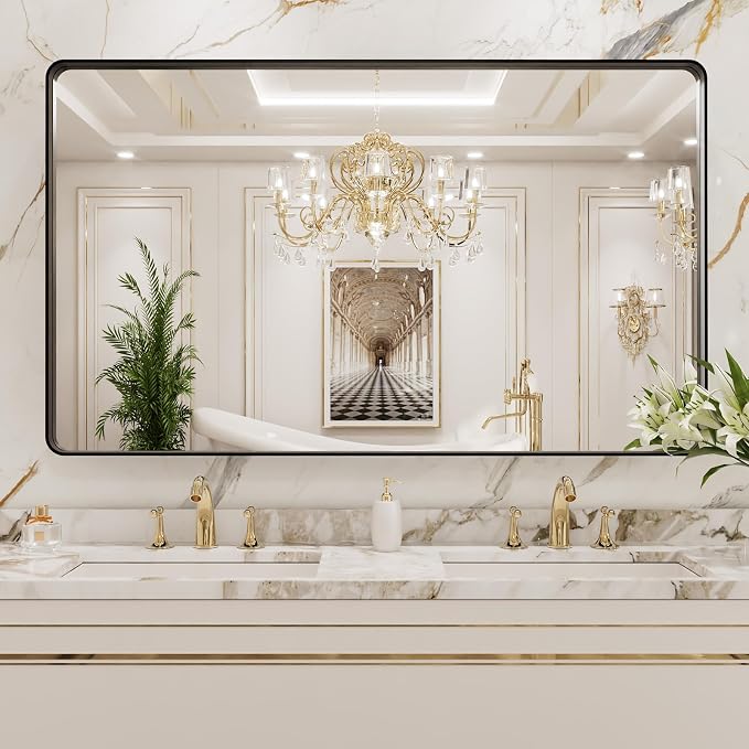 LOAAO 50X30 Inch Black Bathroom Mirror Metal Framed | Matte Black, Rounded Rectangle, Anti-Rust, Tempered Glass, Hangs Horizontally or Vertically