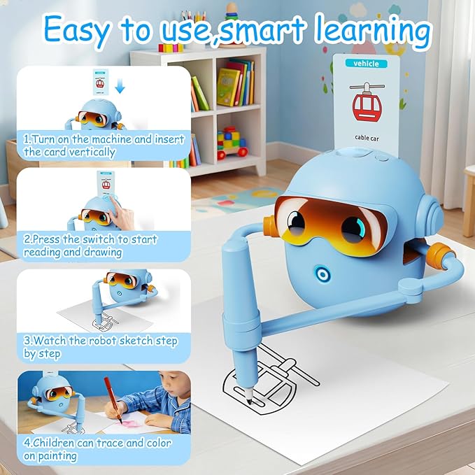 Custer's Night Drawing Robot for Kids - Montessori Painting Toys for 3 4 5 6 7 8 Year Old, Voice Interactive Educational Drawing Machine with 100 Cards,12 Colorful Pens & Music-Gift for Boys Girls B