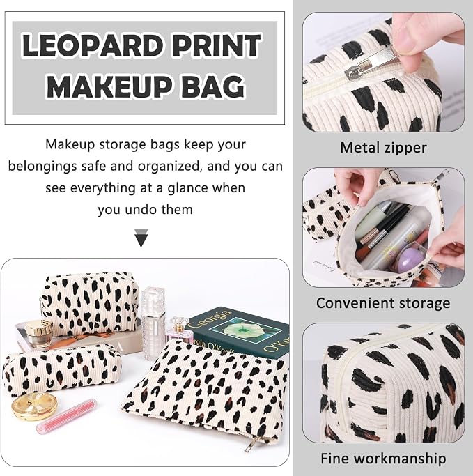 3 Pcs Makeup Bag Cosmetic Bag Set for Girls Women Travel Organizer Bathroom Toiletry Pouch Large Capacity Storage Bag (Leopard Beige)