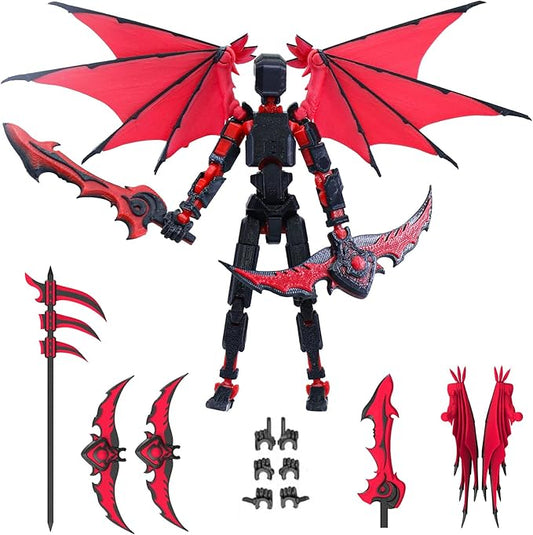 Titan 13 Robot Action Figure,Dummy 13,Articulated Robot with Demon Wings, 3D Printed robo 13 Action Figure Articulated (Rose red)