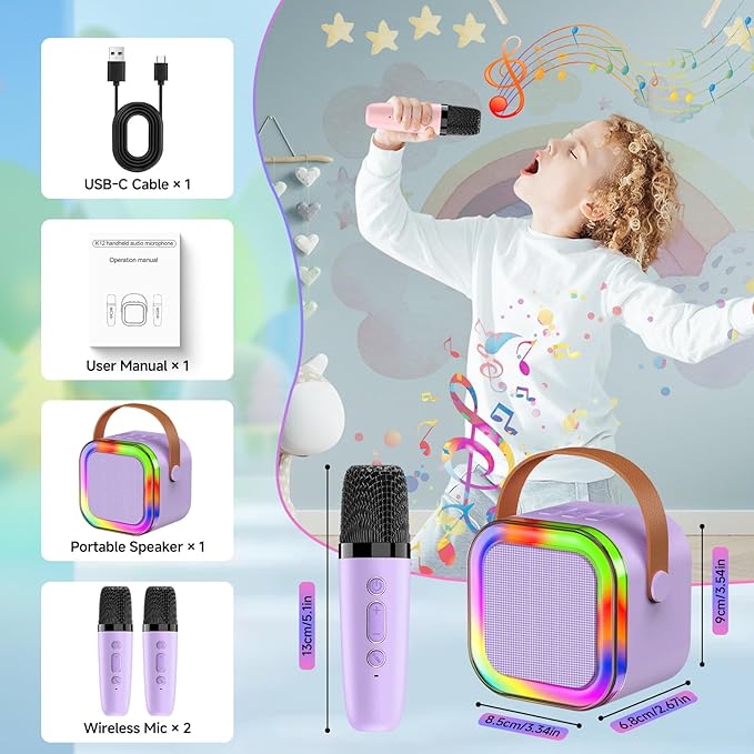 Mini Karaoke Machine with 2 Mics, Wireless Microphones for Kids Adults Toddler with LED Party Lights, Kids Microphone Christmas Birthday Gift for Girls Toys 4, 5, 6, 7, 8, 10 12+ Years Old 【Purple】