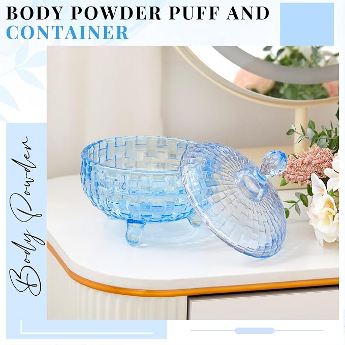 Tioncy 2 Pcs Extra Large Dusting Powder Puff and Container for Women-6'' Glass Crystal Dusting Powder Container with Body Soft Washable Reusable Velour Face(Blue,Weave Design)