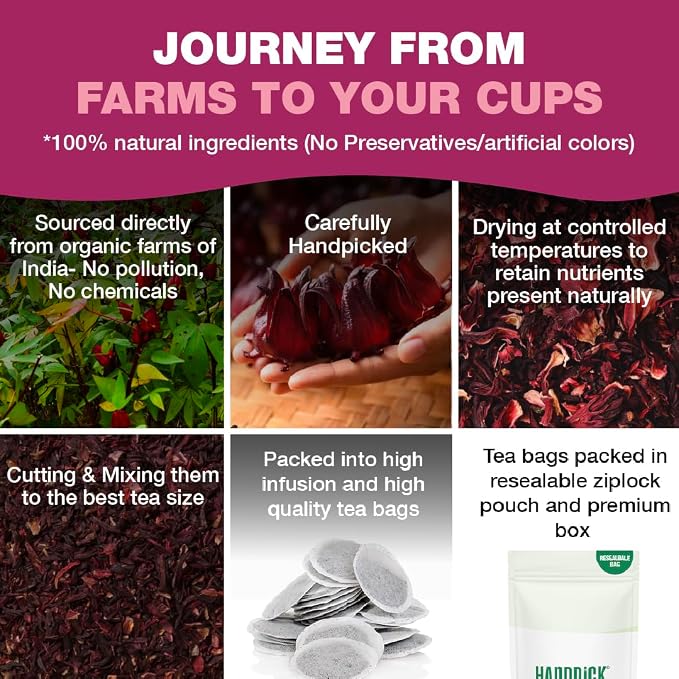 HANDPICK, Organic Hibiscus Tea Bags (100 Tea Bags) | Caffeine-Free, 100% Natural Pure Indian Hibiscus Flowers