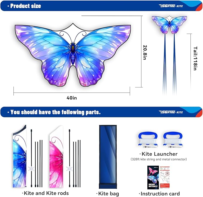 SGftre 3 Piece Set Butterfly Delta Octopus Kites for Kids and Adults，Easy to Fly for Outdoor Adults Children Line Kite for Kids Toy (Pink +Blue Dreamy Butterfly, 2)