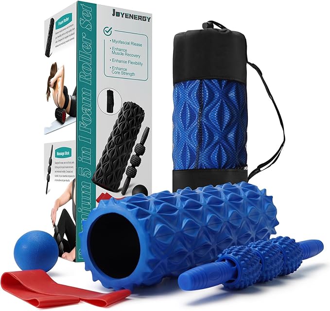 JOYENERGY 5 in 1 Foam Roller Set Trigger Point Foam Roller, Massage Roller Stick, Massage Ball, Stretching Strap for Deep Muscle Massage Pilates Yoga, Fitness Exercise for Whole Body (Blue Diamond)