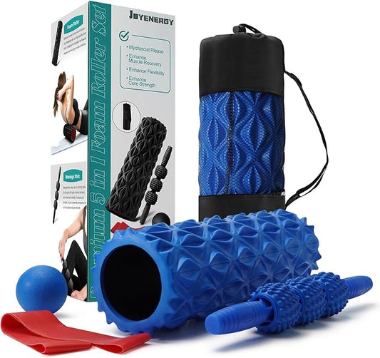 JOYENERGY 5 in 1 Foam Roller Set Trigger Point Foam Roller, Massage Roller Stick, Massage Ball, Stretching Strap for Deep Muscle Massage Pilates Yoga, Fitness Exercise for Whole Body (Blue Diamond)