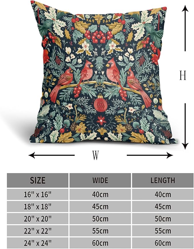 Christmas Pillow Covers 18X18 Inch Cardinal Red Birds Berry Leaves Decorative Pillow Cases Set of 2 Xmas Holiday Throw Pillows Home Decor for Sofa Couch Cushion Outdoor